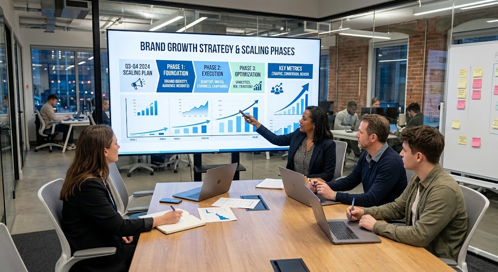 Founder reviewing a brand strategy as a marketing team scales