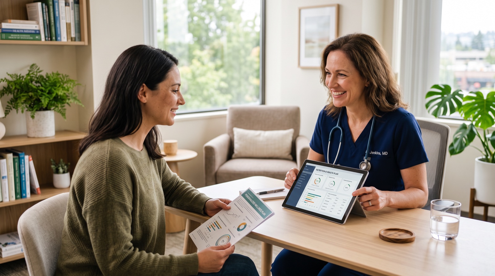 Medical practitioner consulting a candidate on non-surgical body sculpting options using a digital tablet.