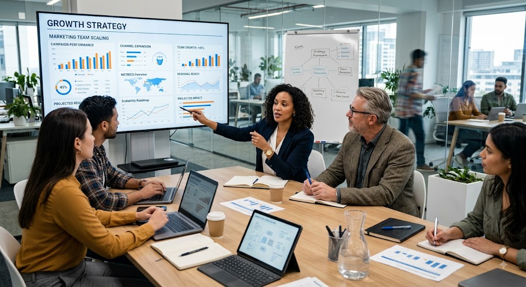 Marketing team reviewing a growth strategy dashboard together