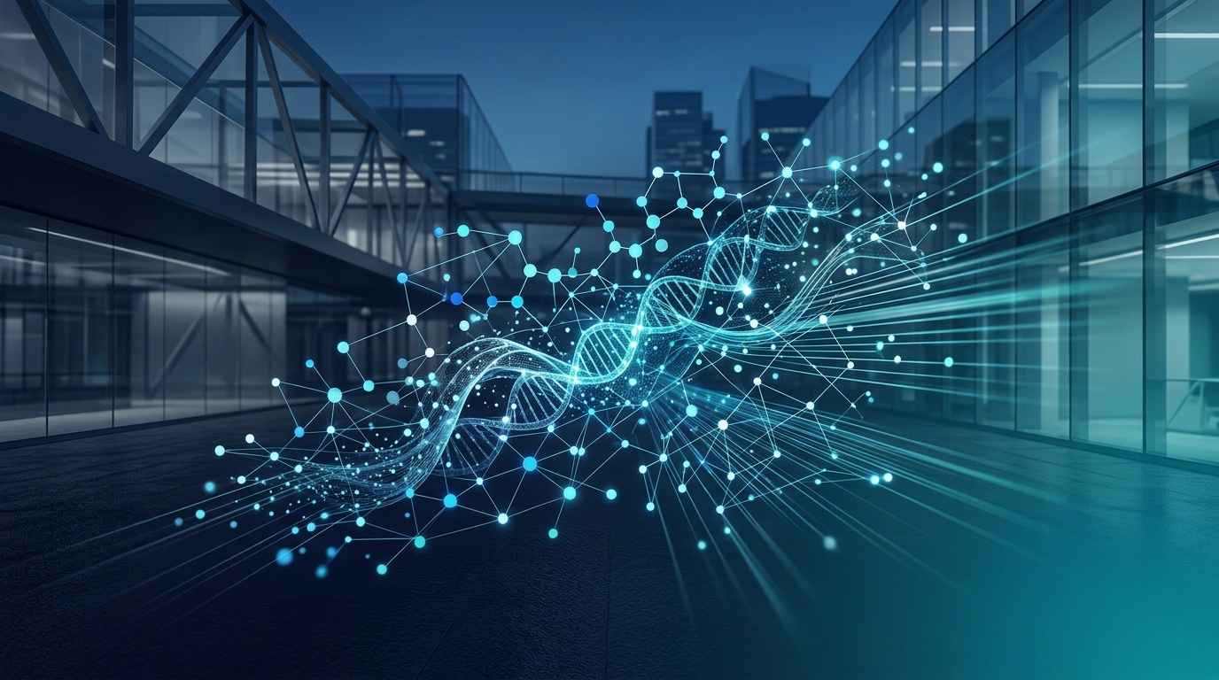 Glowing DNA helix and connected data network between modern office buildings, representing cross-functional collaboration in TPP governance.
